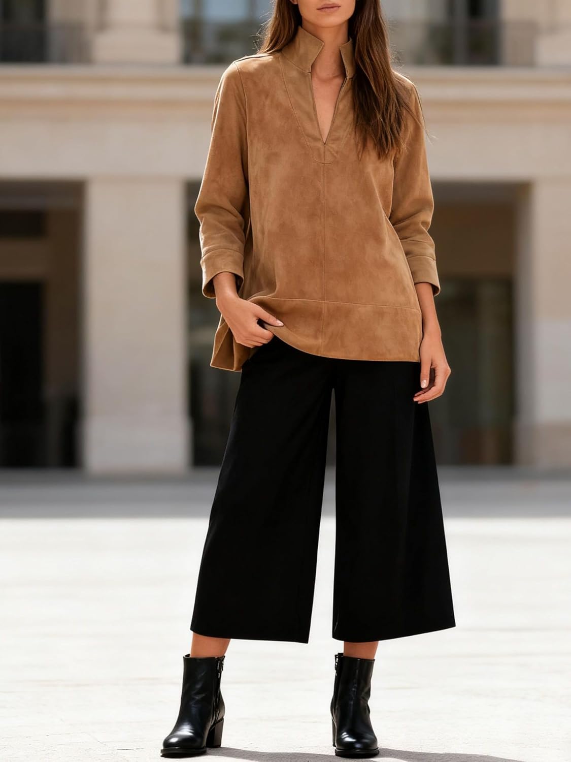 Women's Faux Suede Tunic Tops V Neck 3/4 Sleeve Stand Collar Shirts Dressy Trendy Blouses Casual Daily Wear - Image 2