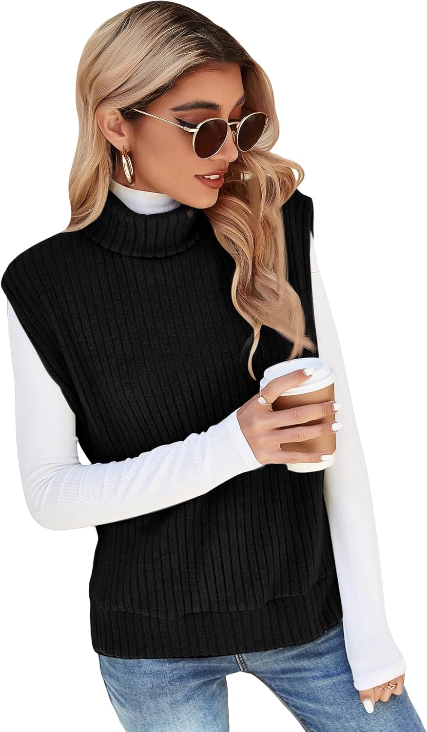 Floerns Women's Turtleneck Sleeveless Sweater Vest Rib Knit Split Hem Tank Top at  Women’s Clothing store