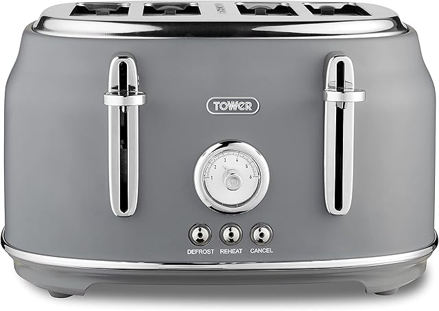 Tower T20065GRY Renaissance 4 Slice Toaster, 1630W, Grey