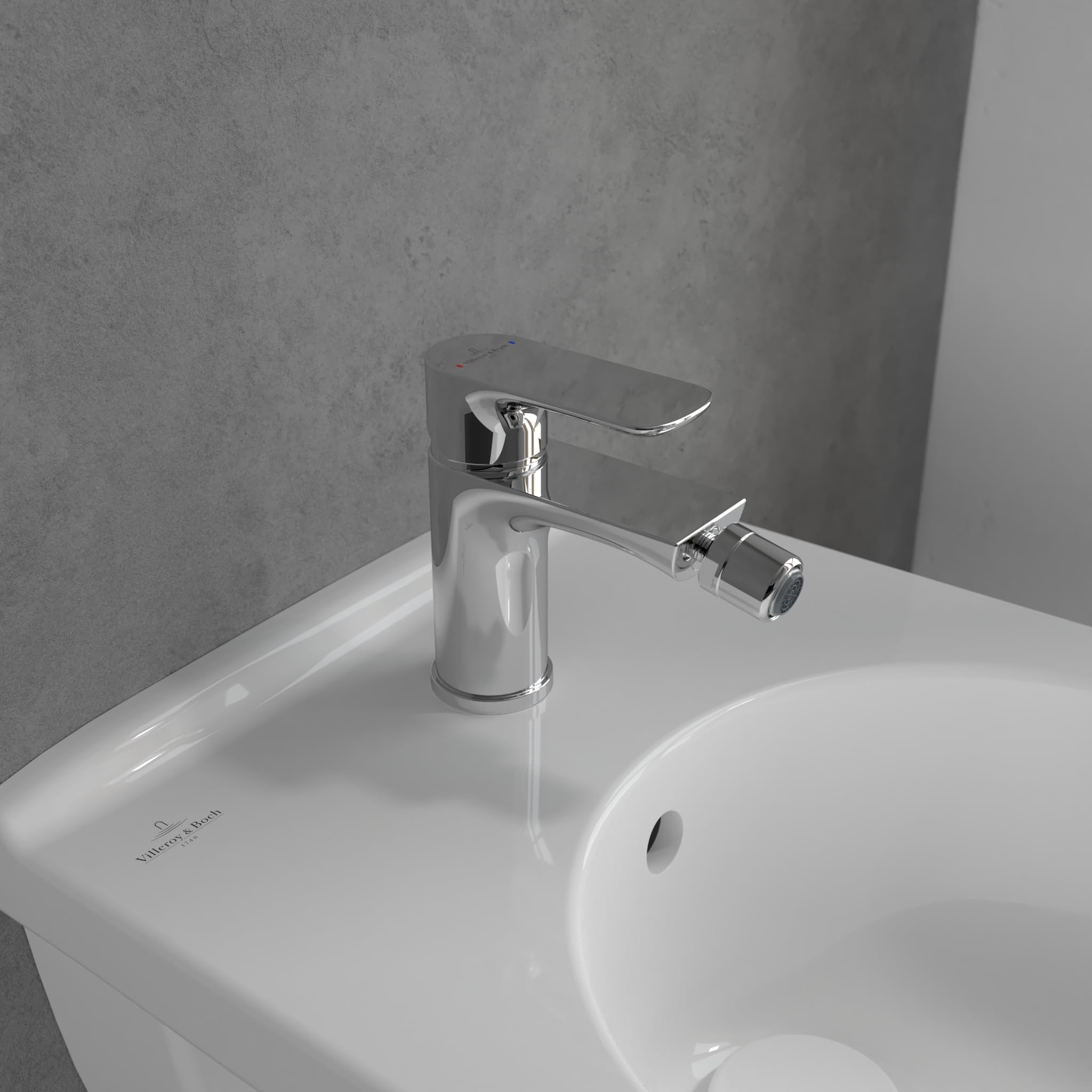 Villeroy & Boch O.novo jednouchwytowa bateria bidetowa, bateria bidetowa z drążkiem i ceramicznym wkładem, bateria bidetowa oszczędzająca wodę, wysokość wylotu 75 mm, okrągła, chrom