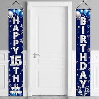 Blue Silver 15th Birthday Door Banner Decorations, Happy 15 Birthday Party Porch Sign Supplies for Boys, Sweet 15 Year Old Birthday Party Supplies
