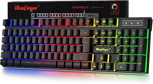 BlueFinger Teclado para juegos USB con cable de tamaño completo, teclado retroiluminado con arco iris iluminado con teclas multimedia, escritura