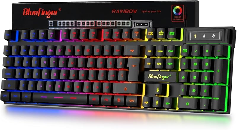 BlueFinger Gaming Keyboard USB Wired Full Size Keyboards, Rainbow Backlit Light Up Keyboard with Multimedia Keys, Quiet Typing for Windows PC Laptop