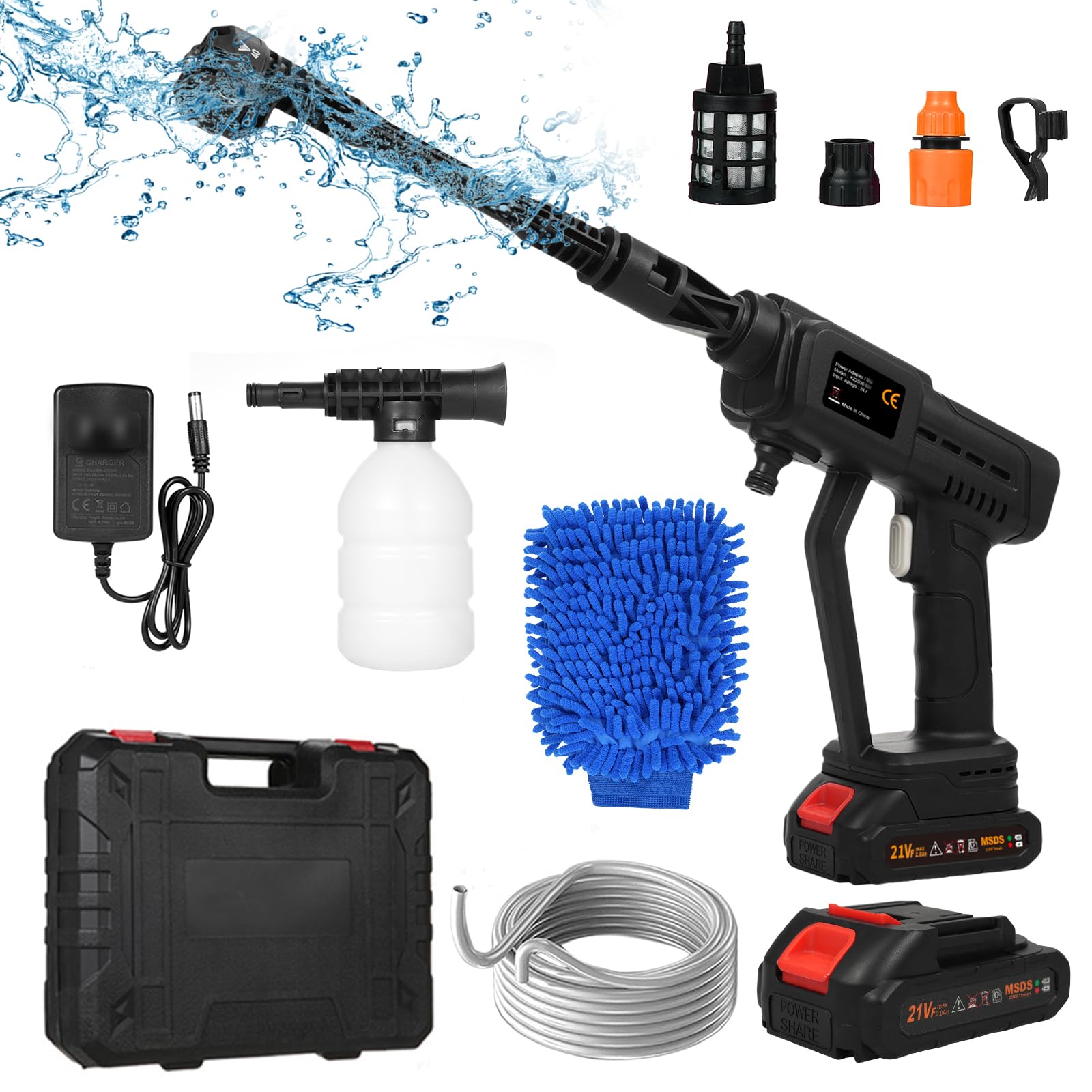 Nettoyeur Haute Pression Sans Fil 21V 120Bar 6 En 1 - Pistolet Lavage Voiture Avec 2 Batteries Et Tuyau 5m