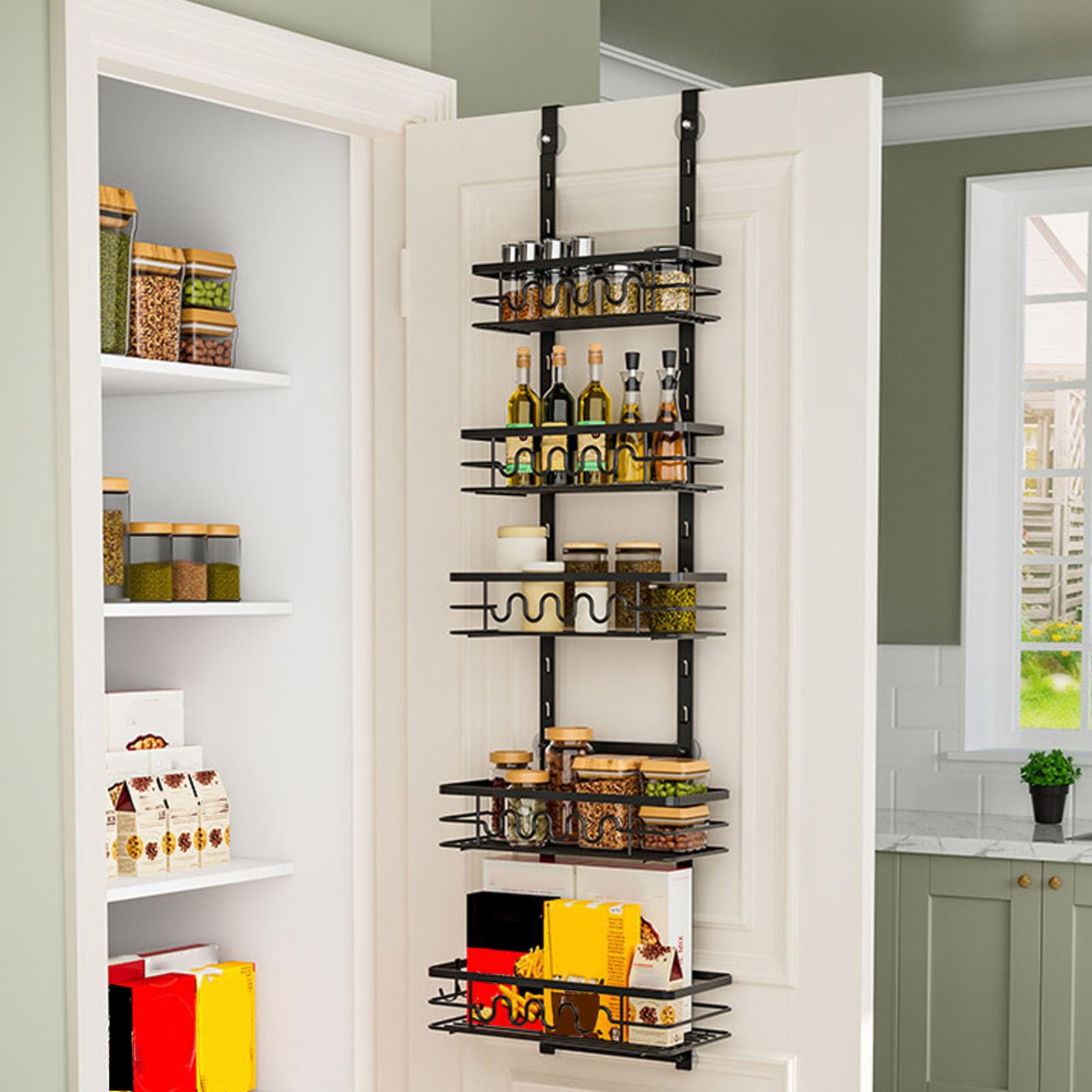 Naroote Speisekammer-Organizer über der Tür, 5 Etagen, Hängendes Gewürzregal, Schranktürregale, Wand-Gewürzkorb für Zuhause, Küche, Waschküche, Badezimmer