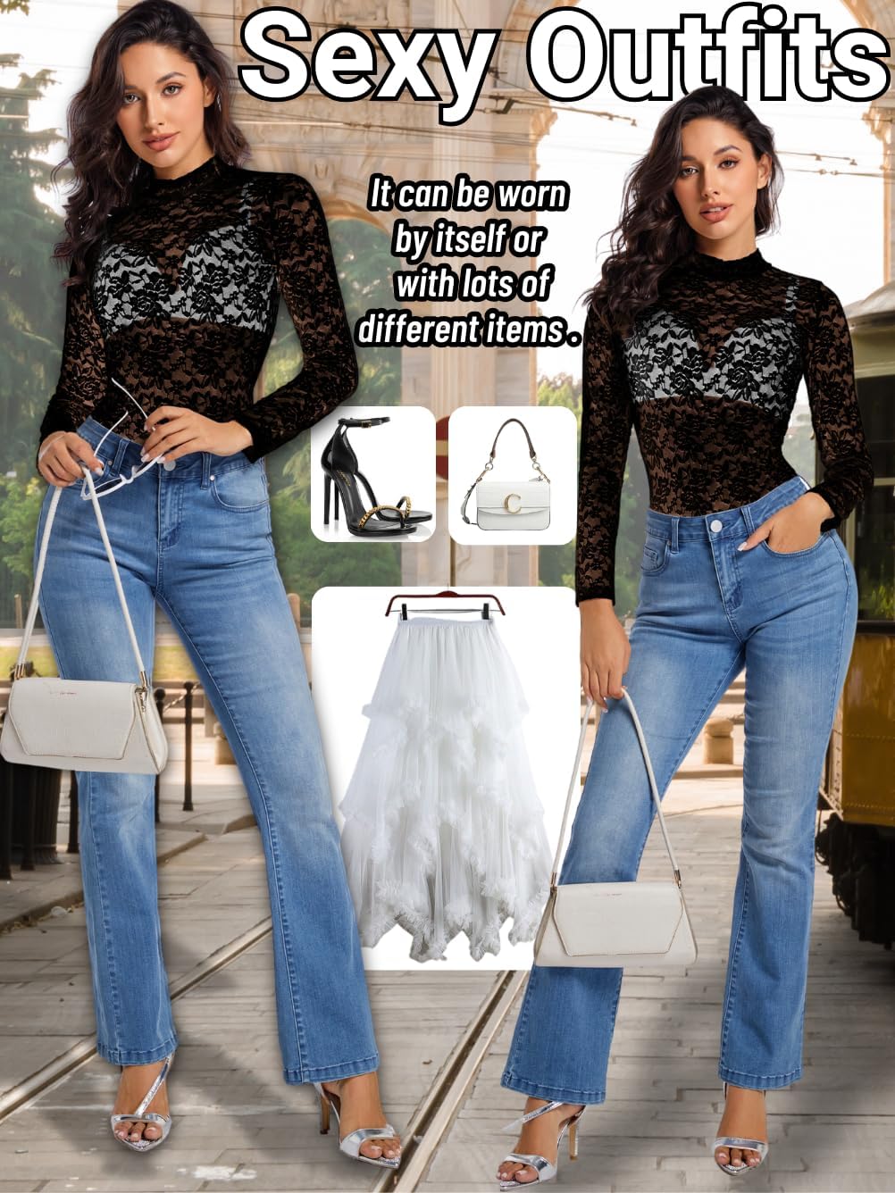 Women's Sexy Lace Bodysuit, Sheer Long Sleeve Snap Crotch Floral Top Music Festival, Mock Turtleneck Going Out Outfit - Image 7