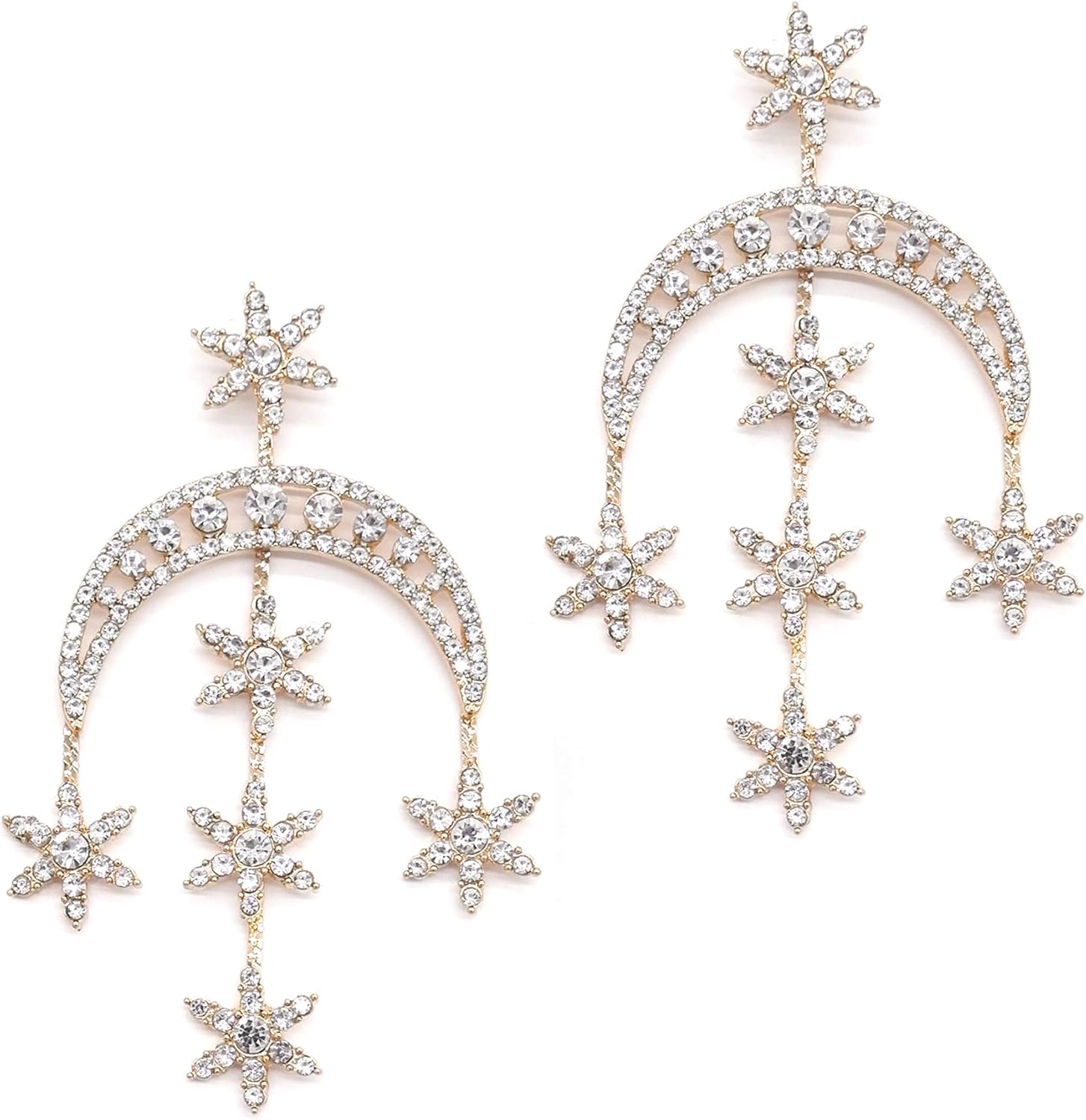 Moon & Star Drop Statement Earrings, Rhinestone Women Fashion Jewelry