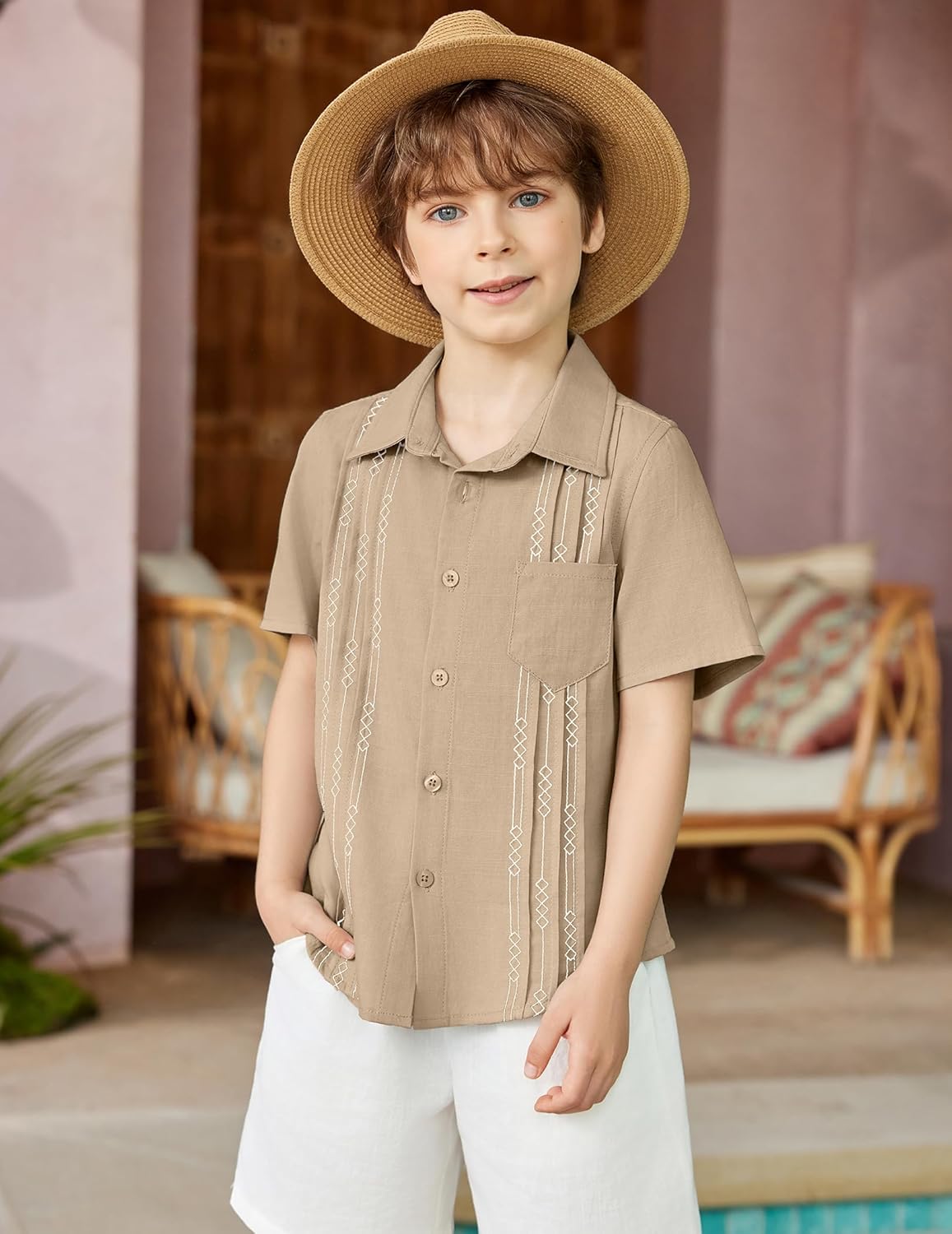 Arshiner Boys Guayabera Shirt Short Sleeve Cotton Linen Button Down Shirt Summer Beach Tops with One Pocket - Image 3