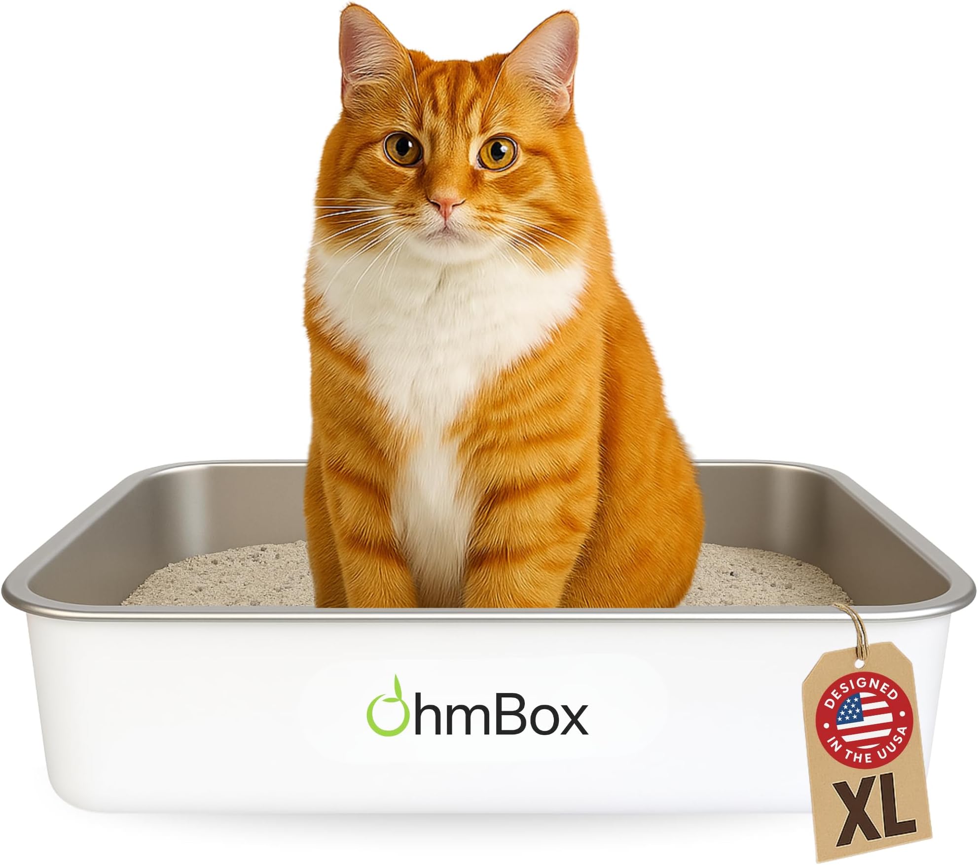 OHM Pets XL Cat Litter Box Stainless Steel - Non Stick Extra Large Stainless Steel, Rust-Proof Metal, Kitty Litter Box, Anti-Leak with High Sides, Non-Slip Rubber Feet, White