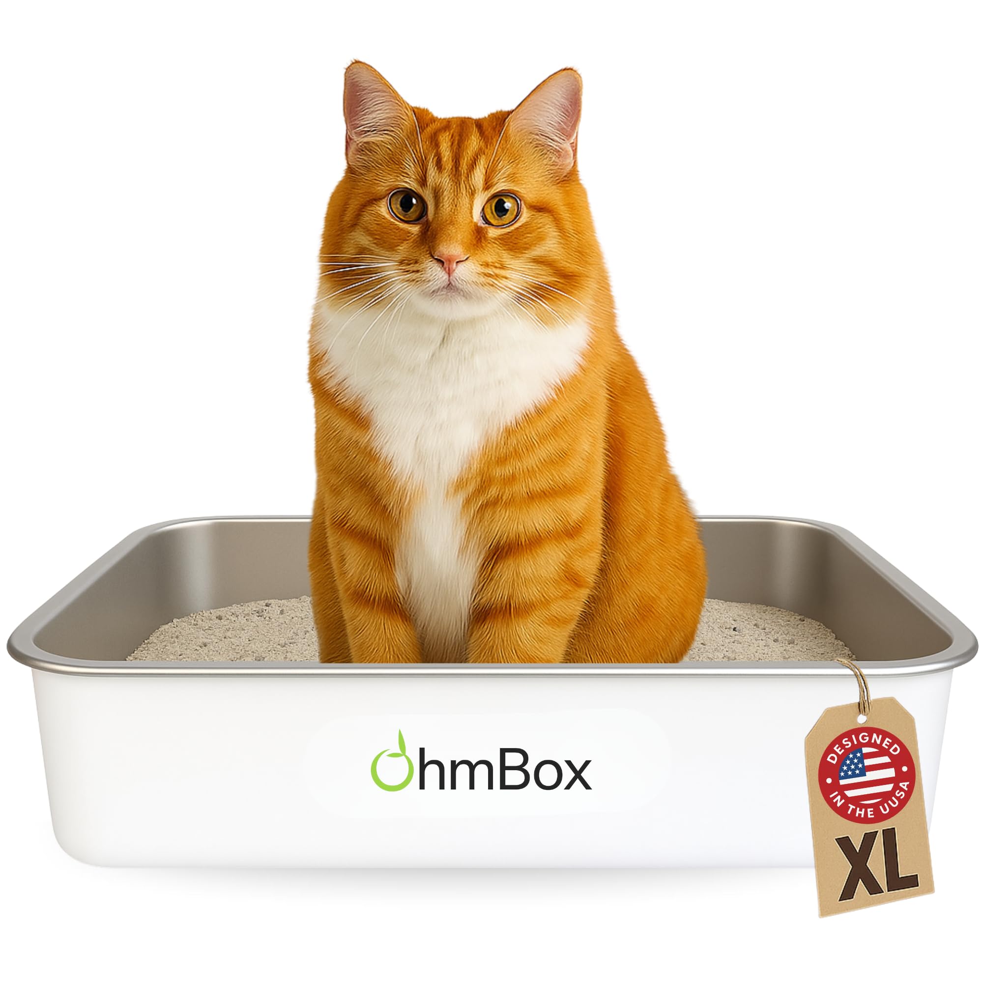 OHM Pets XL Cat Litter Box Stainless Steel - Non Stick Extra Large Stainless Steel, Rust-Proof Metal, Kitty Litter Box, Anti-Leak with High Sides, Non-Slip Rubber Feet, White