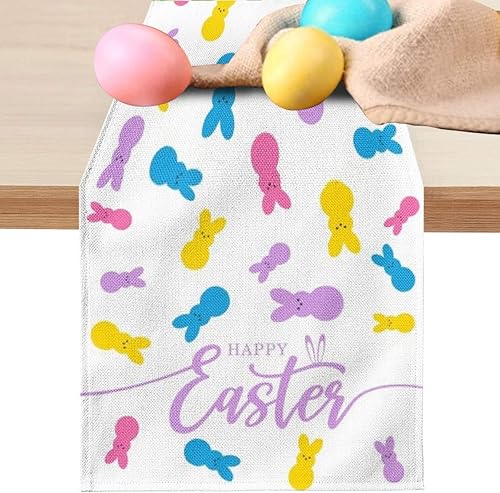 Jbralid Camino de mesa de lino de conejo a cuadros de Pascua con orejas de conejo flores de primavera vacaciones para decoración del hogar cocina