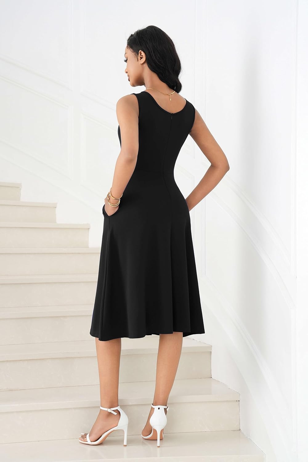 FANDEE Women's Sleeveless Cocktail Dress Vintage A Line Fit and Flare Elegant Midi Dresses for Women with Pockets - Image 5