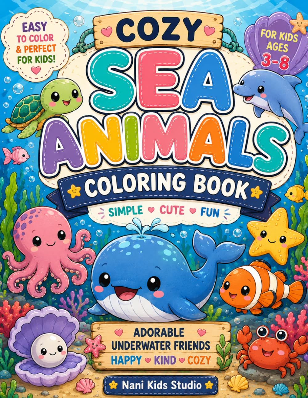 Cozy Sea Animals Coloring Book: Adorable Kawaii Underwater Friends for Toddlers and Kids Ages 3–8