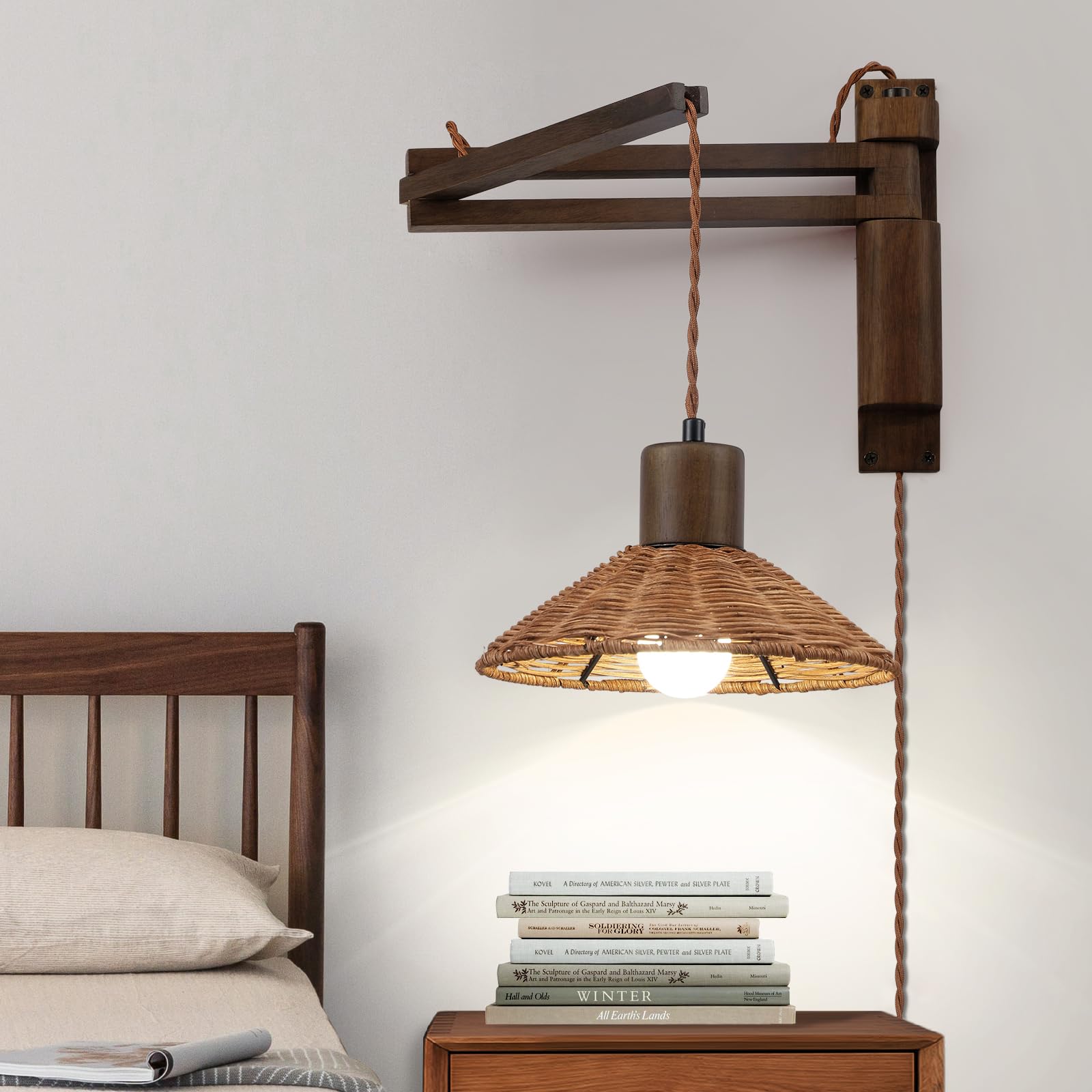 Wood Plug in Wall Sconces, Swing Arm Wall Lamp with Dimmable On