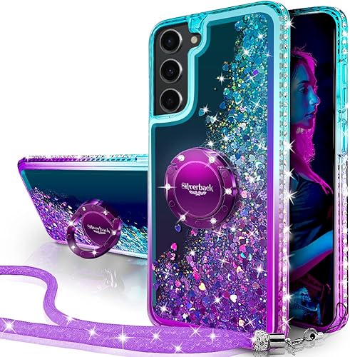 Silverback Funda para Samsung Galaxy S22 Plus, funda protectora delgada con purpurina holográfica líquida móvil con soporte, anillo de diamantes