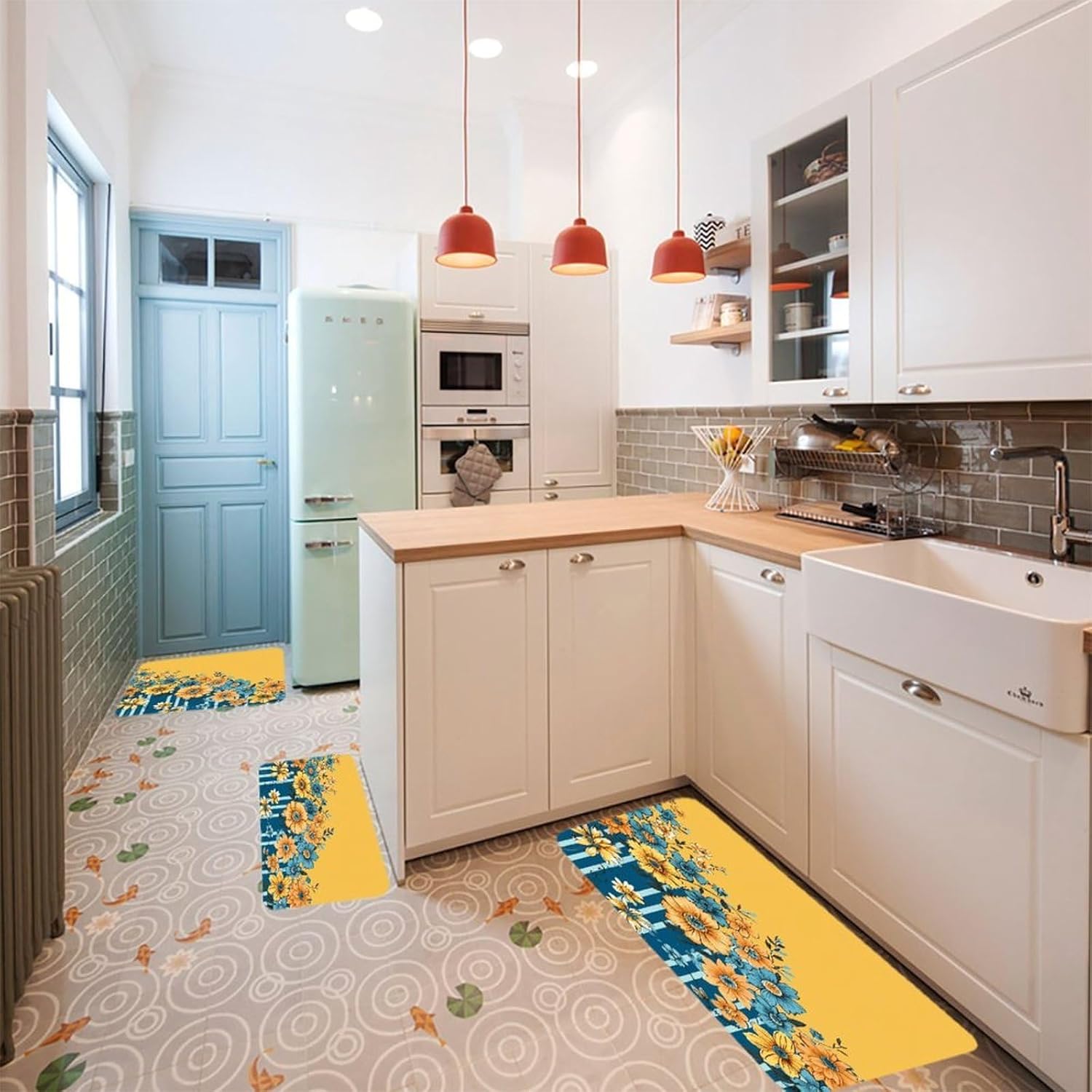Yellow and Blue Floral Kitchen Mats Soft Absorbent Rugs for Floor Non Slip Washable Kitchen Mats Fashion Rectangular Rugs for Three-Piece Set for Laundry Office Home Sink