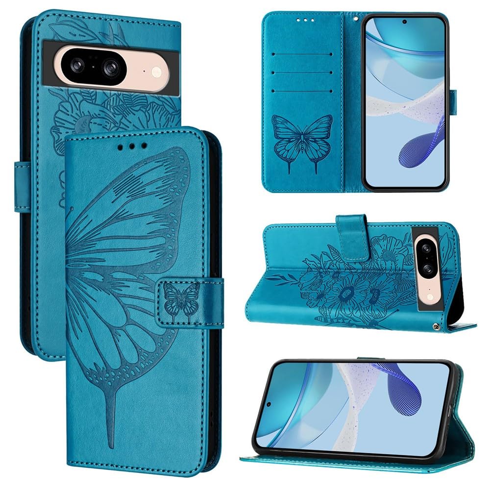 Étui Google Pixel 9 Pro bleu à rabat papillon en cuir avec porte-cartes - 8