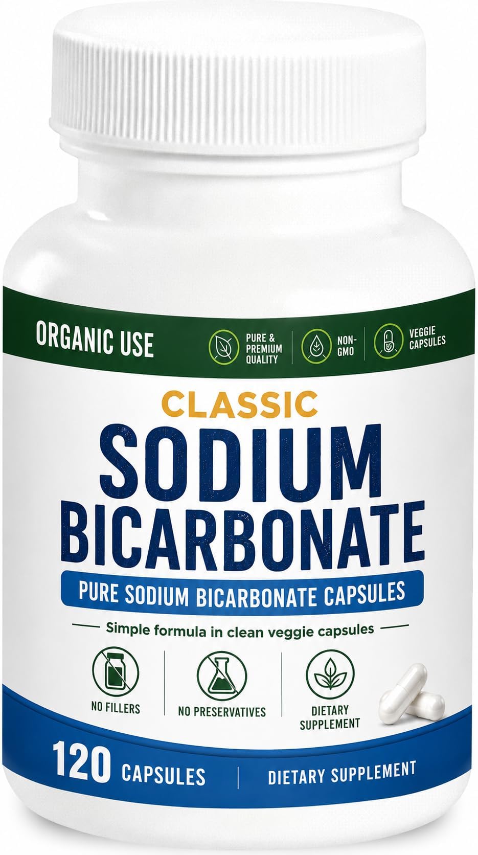 Classic Sodium Bicarbonate 650mg Natural Organic Use Sodium Bicarbonate Powder Pills Sodium Bicarbonate Tablets (caps) Stomach Acid Alkalinity 120caps