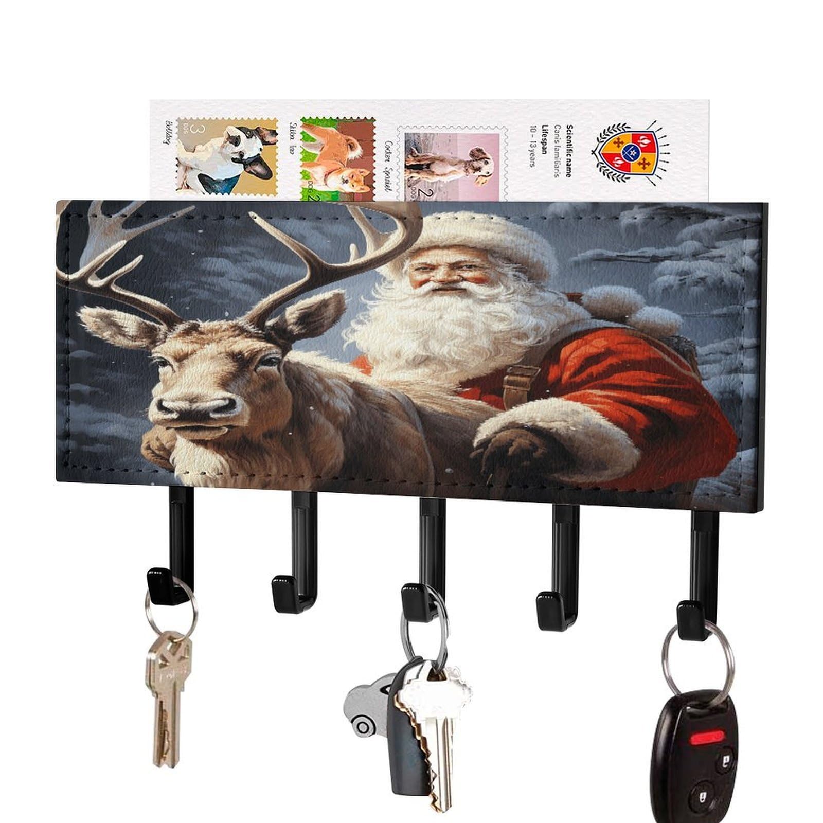 Vstadank Black-Style Santa Claus And Deer Elk Key Holder Wall Mount Easy Installation Key Racks With Tray Farmhouse Wall Shelf With 5 Hooks Self Adhesive Key Hanger And Mail Holder For Entryway Home Decor