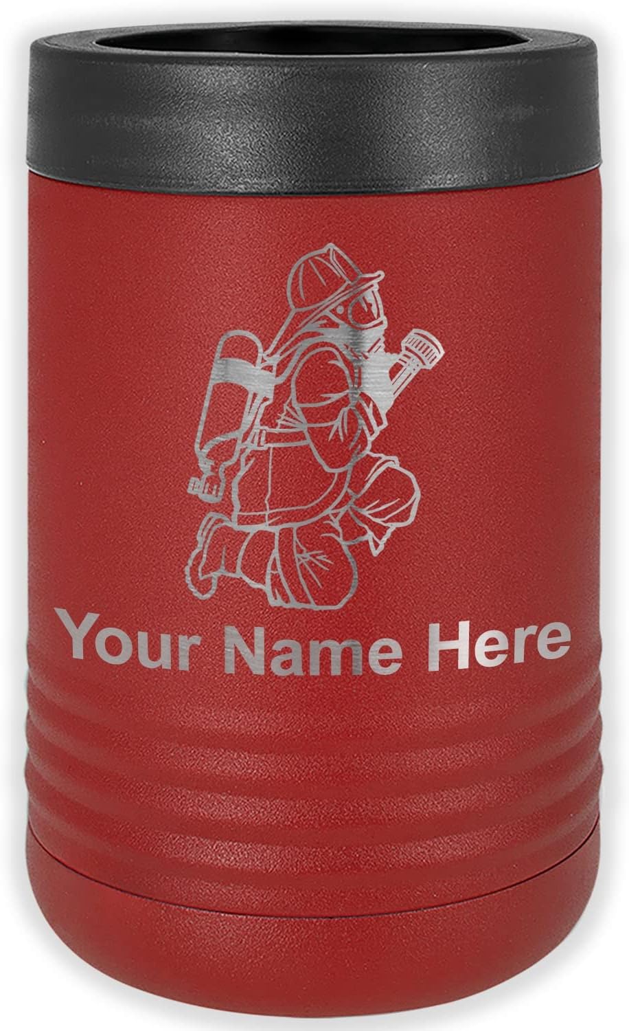 LaserGram Personalized 12 oz. Stainless Steel Can & Bottle Insulator, Fireman with Hose – Keeps Drinks Cold Longer (Maroon)