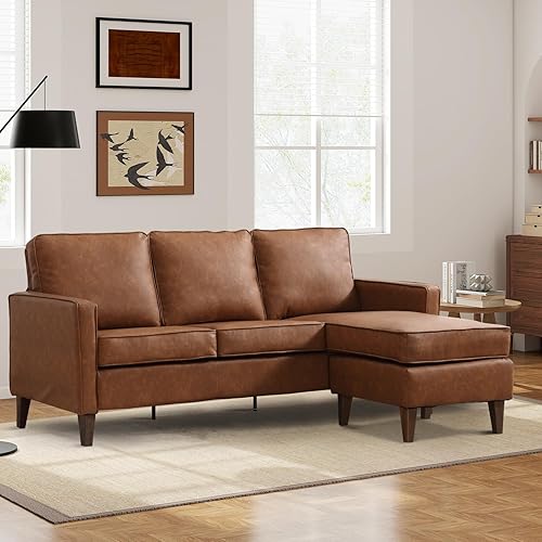 Sectional Couch, L Shaped Couch Faux Brown Leather Sofa with Chaise, Lounge Sofa for Living Room Apartment Small Room Space, Brown