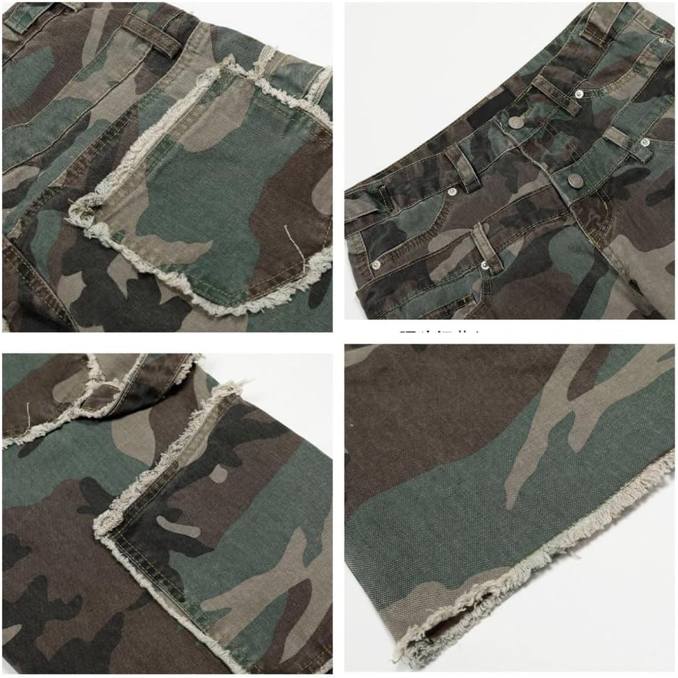[OHSOPMNC] メンズ ストリートウェア ヒップホップ カモフラージュ トラウザーズ フリンジエッジ ポケット付き ストレート