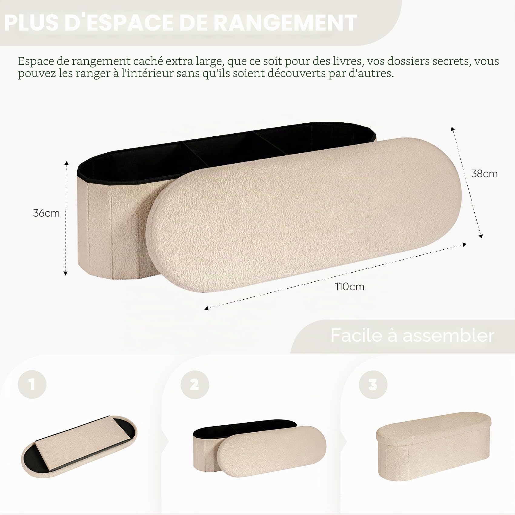 Bonlife Banc de Rangement avec Siège, Coffre Pliant, Boîte de Rangement,Repose-Pieds, Fleurs, pour Couloir, Salon et Chambre à Coucher (Beige, 110 cm)