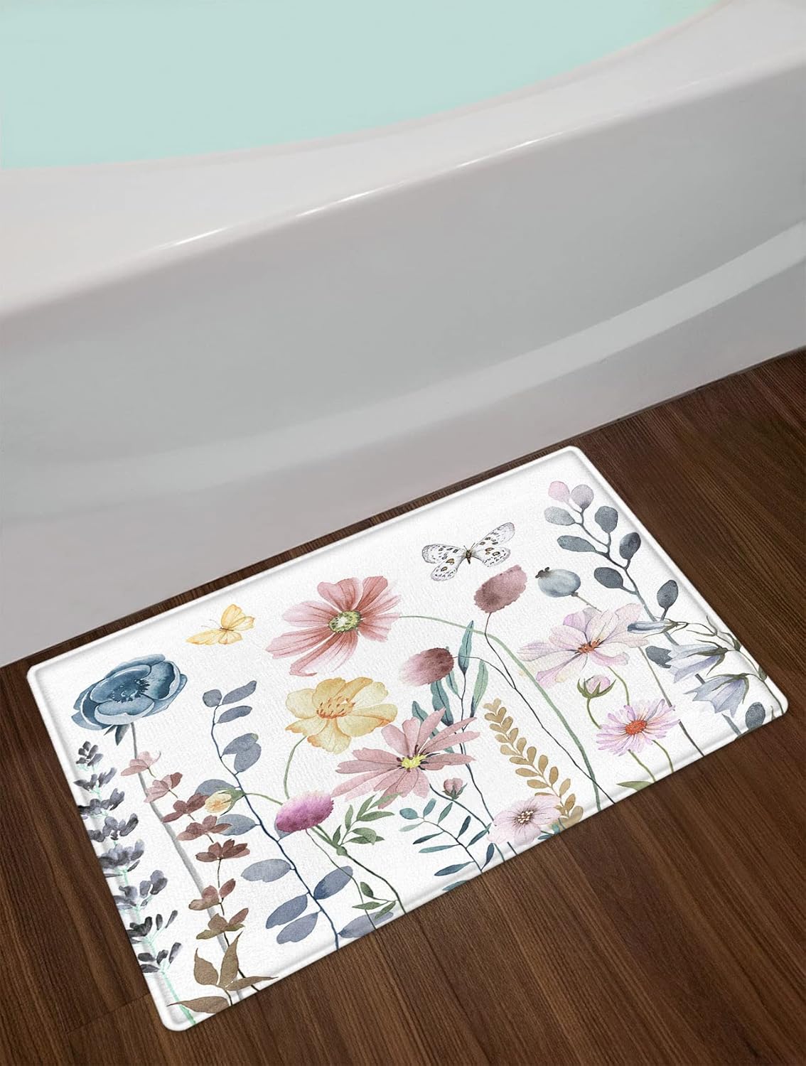 HVEST Floral Shower Curtain with Bath Mat Pink Grey Watercolor Flower Plant Shower Curtain with Hooks 72X72 Inch Butterfly Aesthetics Bathroom Rugs 15x23 Bathroom Decor Accessories Set