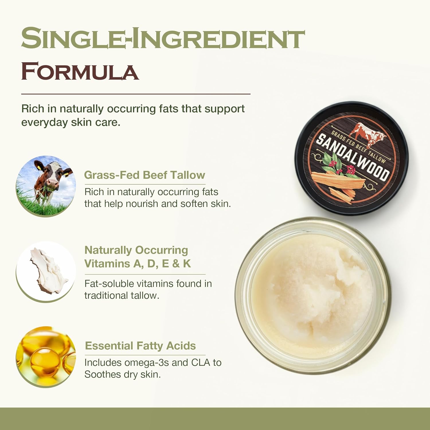 Grass-Fed Beef Tallow Balm for Face & Body – Deep Hydration Moisturizer with Vitamins A, D, E, K | All-Natural Skin Repair Cream - Sandalwood 4oz