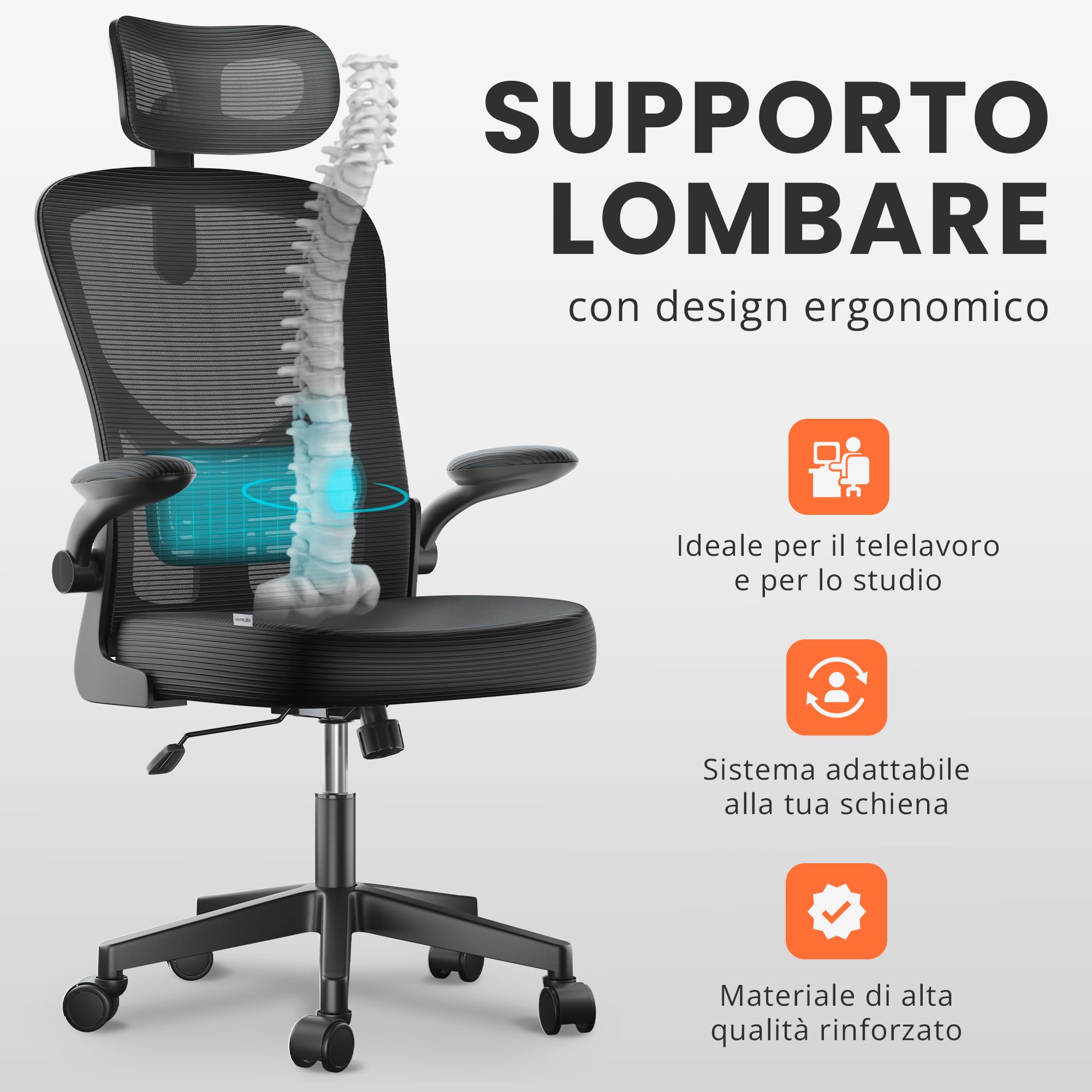 JUPPLIES Sedia da Ufficio Ergonomica Reclinabile con Braccioli e Poggiatesta Regolabili | Sedia da Scrivania con Supporto Lombare e Rete Traspirante | Poltrona da Ufficio
