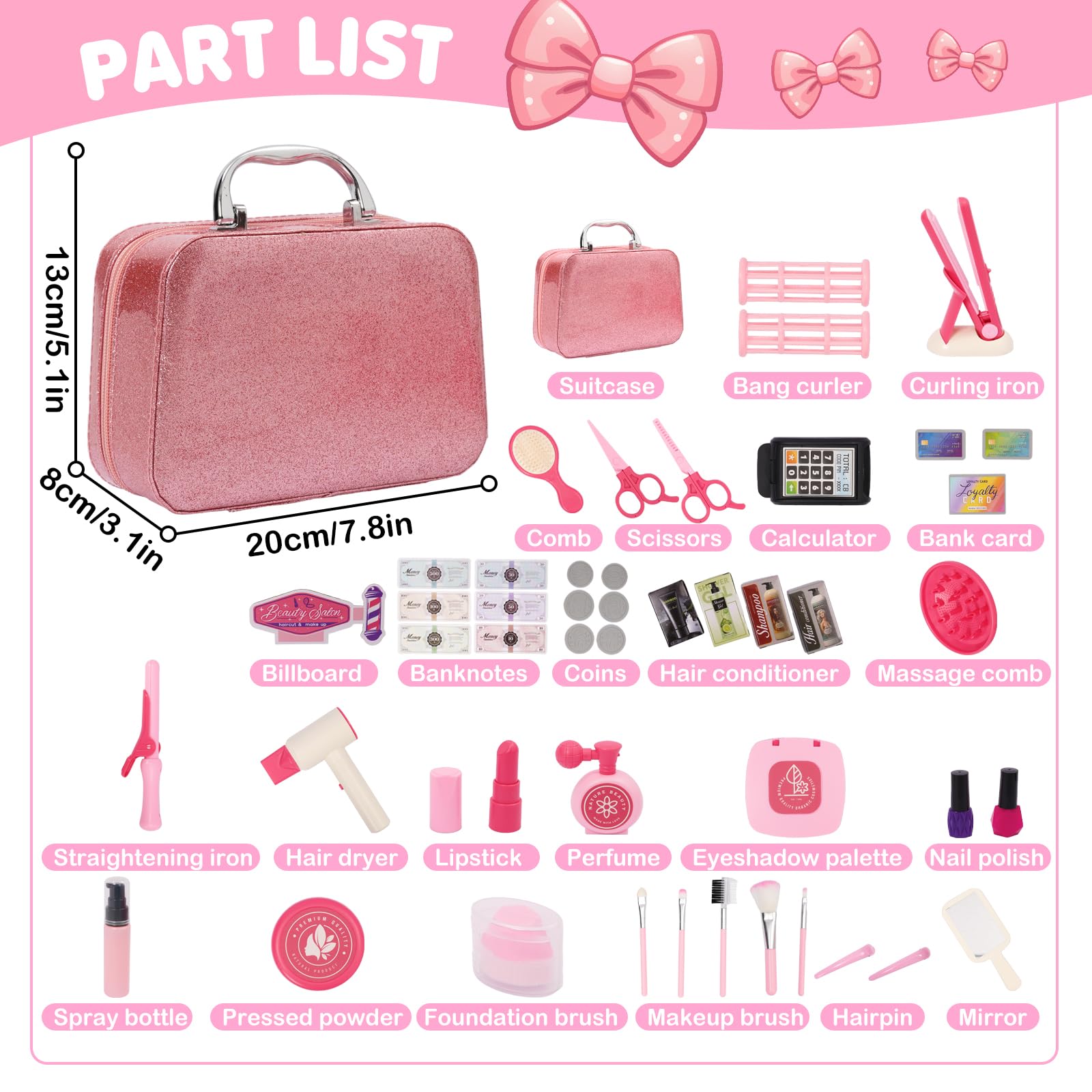Rosa Friseur Set Kinder,Make-up-Spielzeug,Schminkkasten Mädchen, Friseurzubehör, inklusive Föhn, Glätteisen, Kamm und Zubehör, Rollenspiel,Kinder-Schminkkasten,Geschenke für Mädchen im Alter von 3+