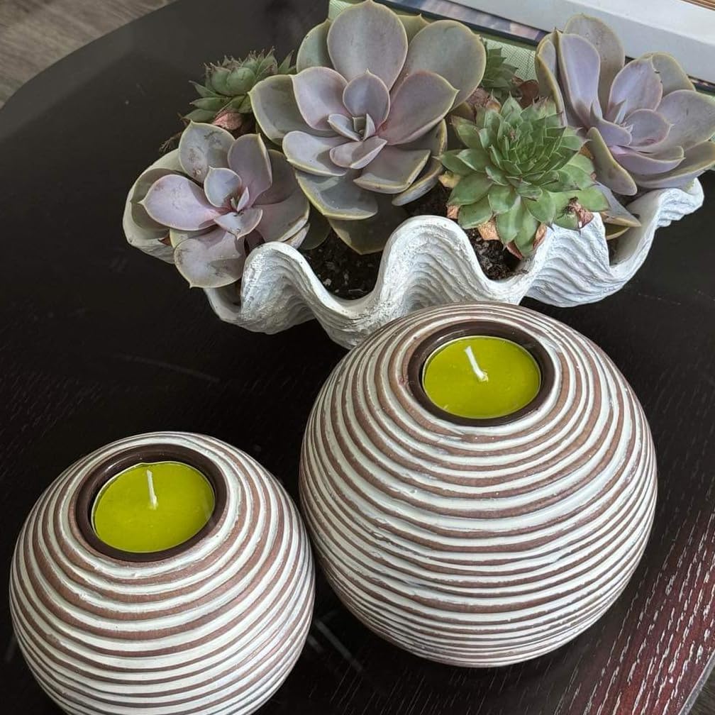 Tuva Orb Candle Holders (Gift Boxed Set of 2), Table Centerpieces for Dining or Living Room, Spa, Bathroom, Kitchen Counter, Mantle or Coffee Table Decor (Light Brown and White)
