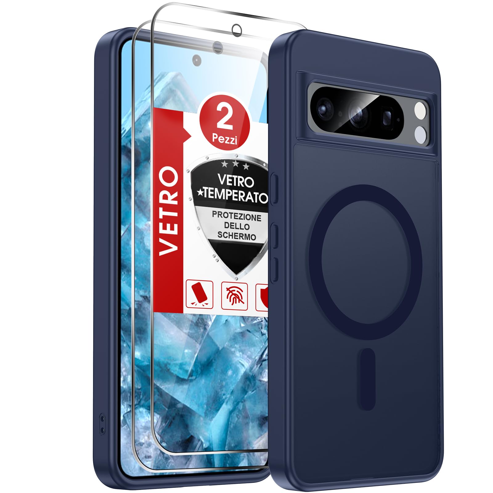 LeYi Cover Magnetica per Google Pixel 8 Pro con 2 Vetro Temperato(Blu) | Custodia per Pixel 8Pro Traslucida Opaca Anti-Impronte Resistente ai Graffi Paraurti in TPU Antiurto Protettiva Case