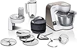 Robot pâtissier Bosch MUM5XW20 – Machine puissante 1000 W pour mélanger, pétrir & couper – 7 vitesses + turbo – Balance intégrée – 10 accessoires – Couleur : blanc/champagne - 1