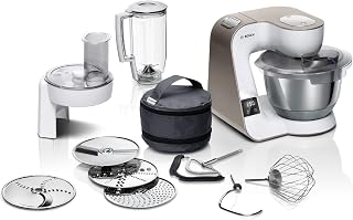 Bosch Küchenmaschine Serie 4, integrierte Waage, Mixer 1,25 L, Edelstahl-Schüssel 3,9 L, Profi-Knethaken, Schnee-, Silikonbesen, Durchlaufschnitzler, 4 Scheiben, 1000 W, weiß, MUM5XW20