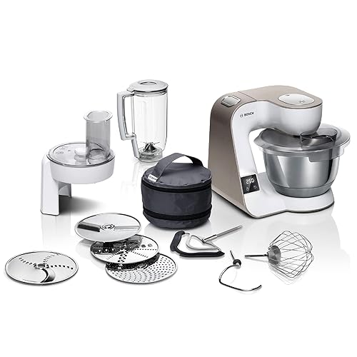 Bosch Küchenmaschine Serie 4, integrierte Waage, Mixer 1,25 L, Edelstahl-Schüssel 3,9 L, Profi-Knethaken, Schnee-, Silikonbesen, Durchlaufschnitzler, 4 Scheiben, 1000 W, weiß, MUM5XW20