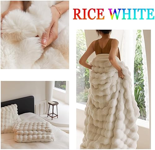 Miniatura 9 de Manta de piel de conejo sintética tamaño individual  Acogedora manta de felpa mullida para la siesta tamaño Queen para sofá, sillón, sala de estar,