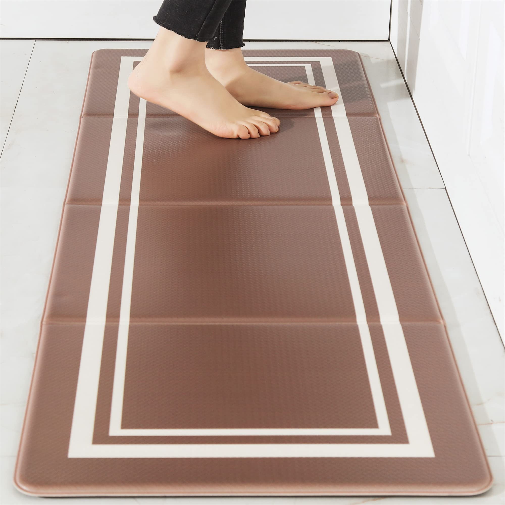 COSY HOMEER Kitchen Mat Rug – 2/5 Inch Thick Perfect Anti Fatigue Floor Mat, Standing Desk Mat – Comfort Foldable Kitchen Rug, Easy Storage, Garage Durable Stain Resistant Non-Slip (17" x 48", Beige)