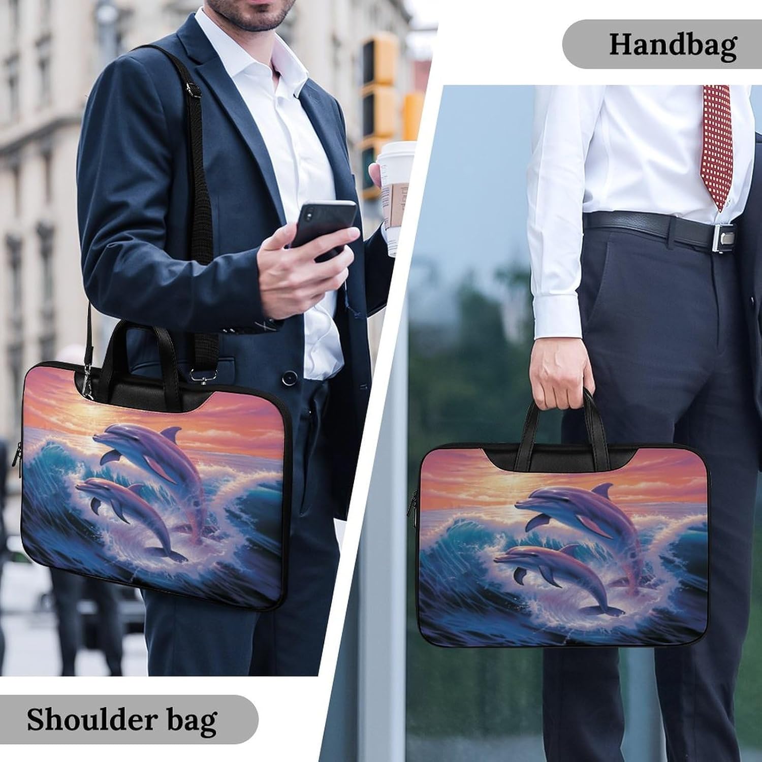 Dolphins Art 42x30.5cm Black-style Laptop Bag Leather Tablet Computer Briefcase Large Capacity Work Business Tote Bags for Office