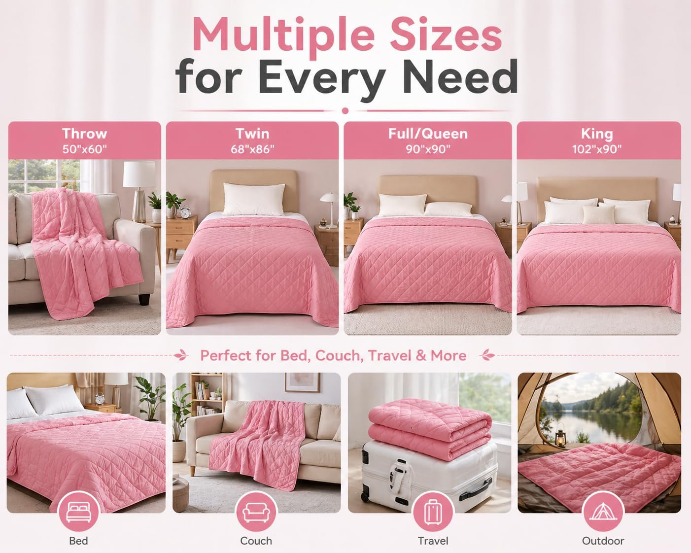 EVOLIVE Cooling Quilt, Diamond Quilted Elastane Lightweight Comforter, Reversible Breathable Soft All Season Bedspread with Elastane (Pink, Twin)