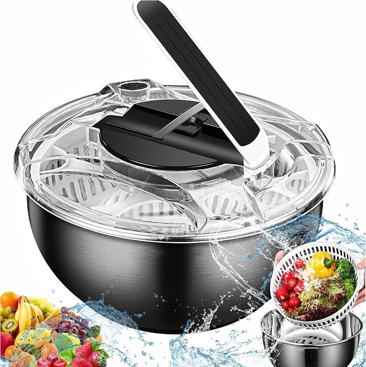 Stainless Steel Salad Spinner, Portable Salad Dryer with Rotating Handle, Double Layer Separation Design and 3.5L Large Capacity, Fast Efficient Dehydration and Easy to Cleaning, for Kitchen