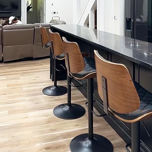Miniatura 8 de LUNLING Juego de 2 taburetes de bar modernos de mediados de siglo, altura de mostrador, tapizados de cuero negro, sillas de bar giratorias de 360°