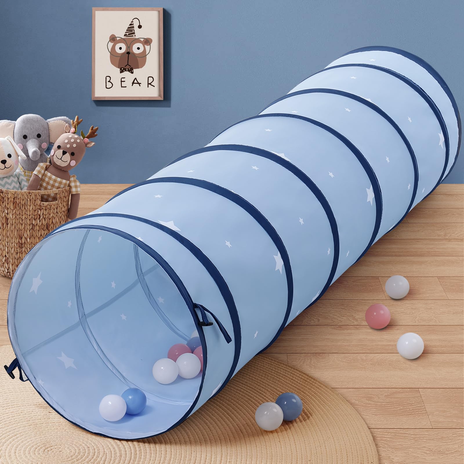 Tunnel de Jeu Pop-up pour Enfants: Tente-Tunnel Pliable en Tissu Peau de Pêche pour Bébés Rampants-Jouet pour Tout-Petits Intérieur Extérieur - Cadeau pour Garçons Filles 175 × 46 cm (Étoiles Bleues)