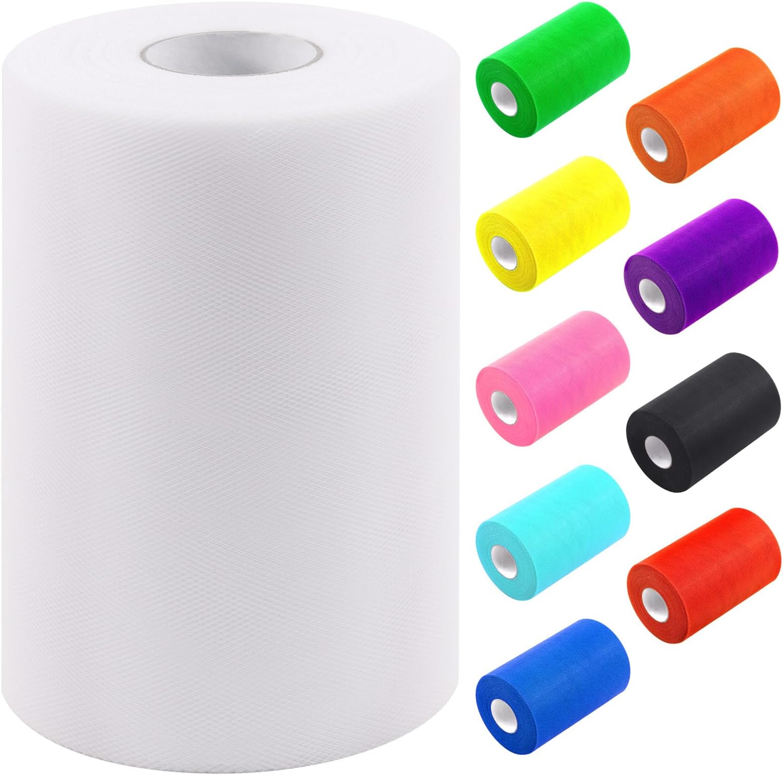 Tanstic 1Pc White Tulle Fabric Roll, 6 Inch x 100 Yards Tulle Ribbon Fabric Spool Fabric Tulle Roll for DIY Tutu Bow, Birthday Party Wedding Decorations