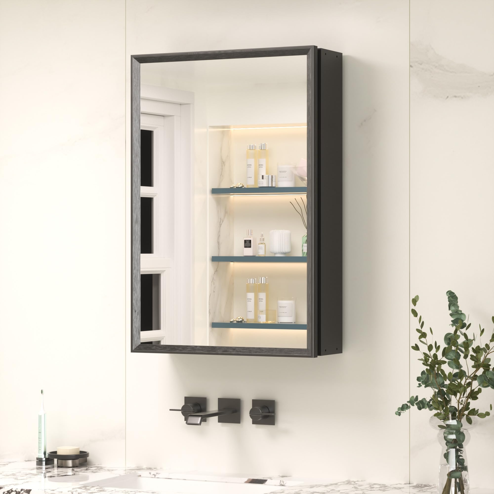 Keonjinn Bathroom Mirror Cabinets 40x60cm, Assembly Required, Black Aluminum Frame Mirrored Bathroom Cabinet Wall Mounted with Storage, Adjustable Shelf Wall Cabinet with Mirror, Single Door
