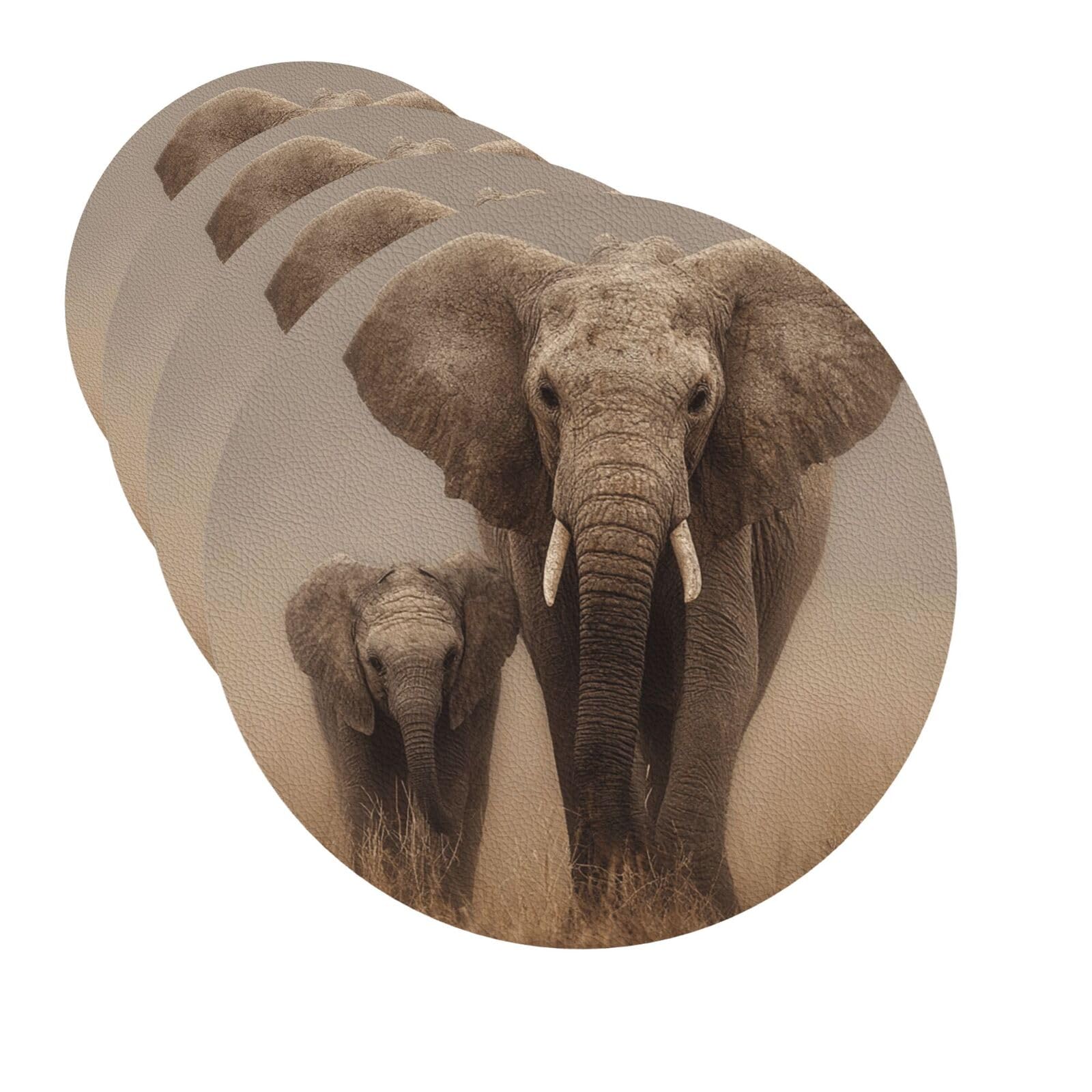Drink Coasters Set of 4 Quick-Dry Leather Coaster Walking elephants Coasters for Drinks Coffee Cup Mat Tabletop Protection Heat Resistant Coaster for Kitchen Bar Office Home Decor