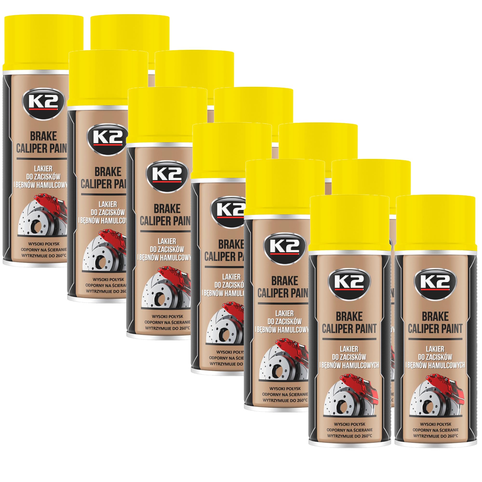 K2 Pintura para Pinzas de Freno Anticalórica Pack de 12 Color Amarillo Alta Resistencia a Temperaturas hasta +260°C 400 ML