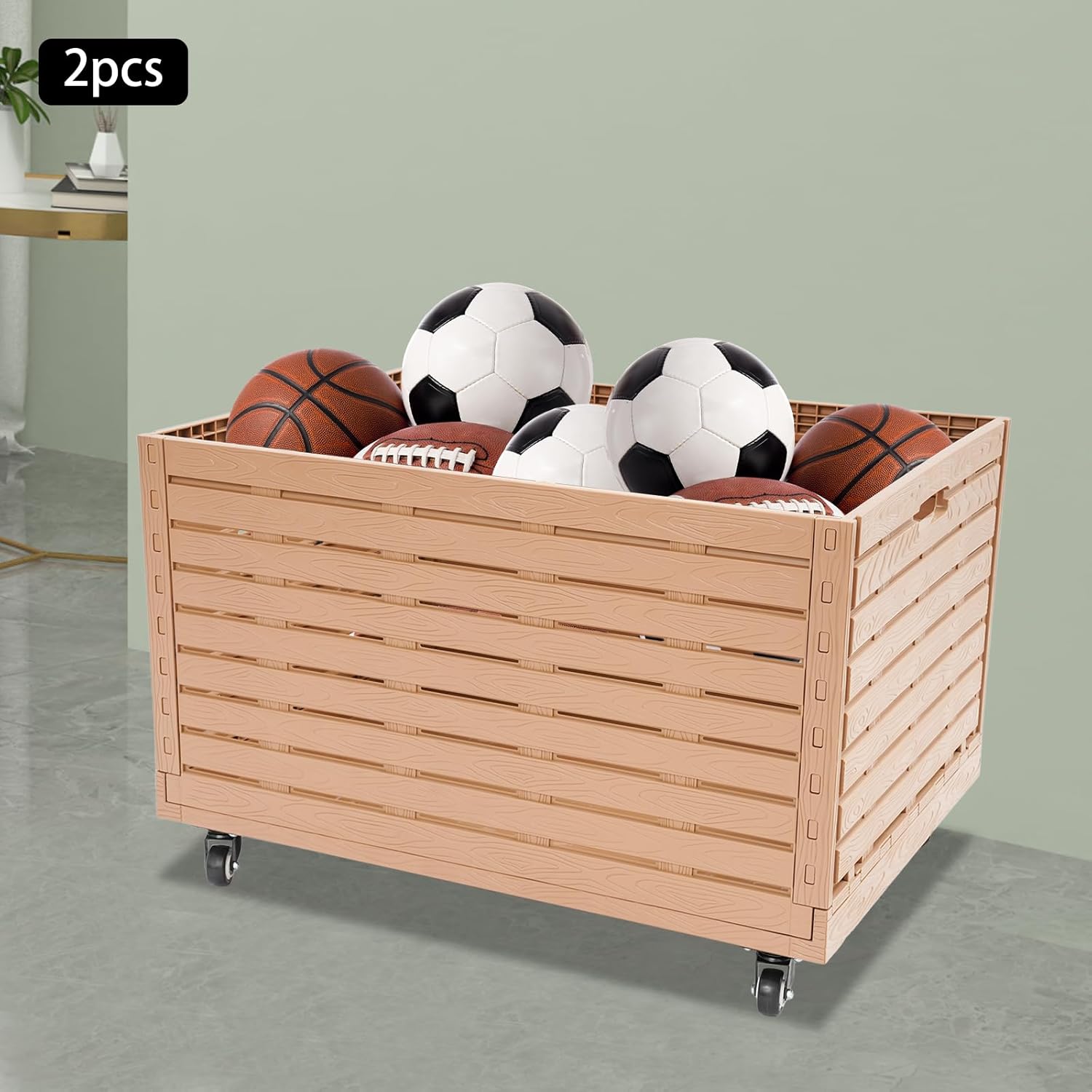 2-Pack Foldable Storage Bins with Wheels, 200L Capacity Collapsible Moving Crate, Rolling Crate 440 lbs Load Capacity, Wood Grain