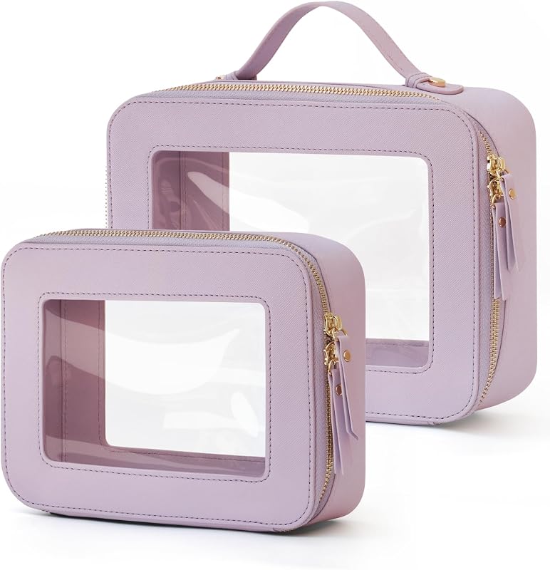 Popvibe Conjunto com 2 Necessaires Transparentes para Maquiagem e Viagem, Tamanhos Médio e Grande, Roxo
