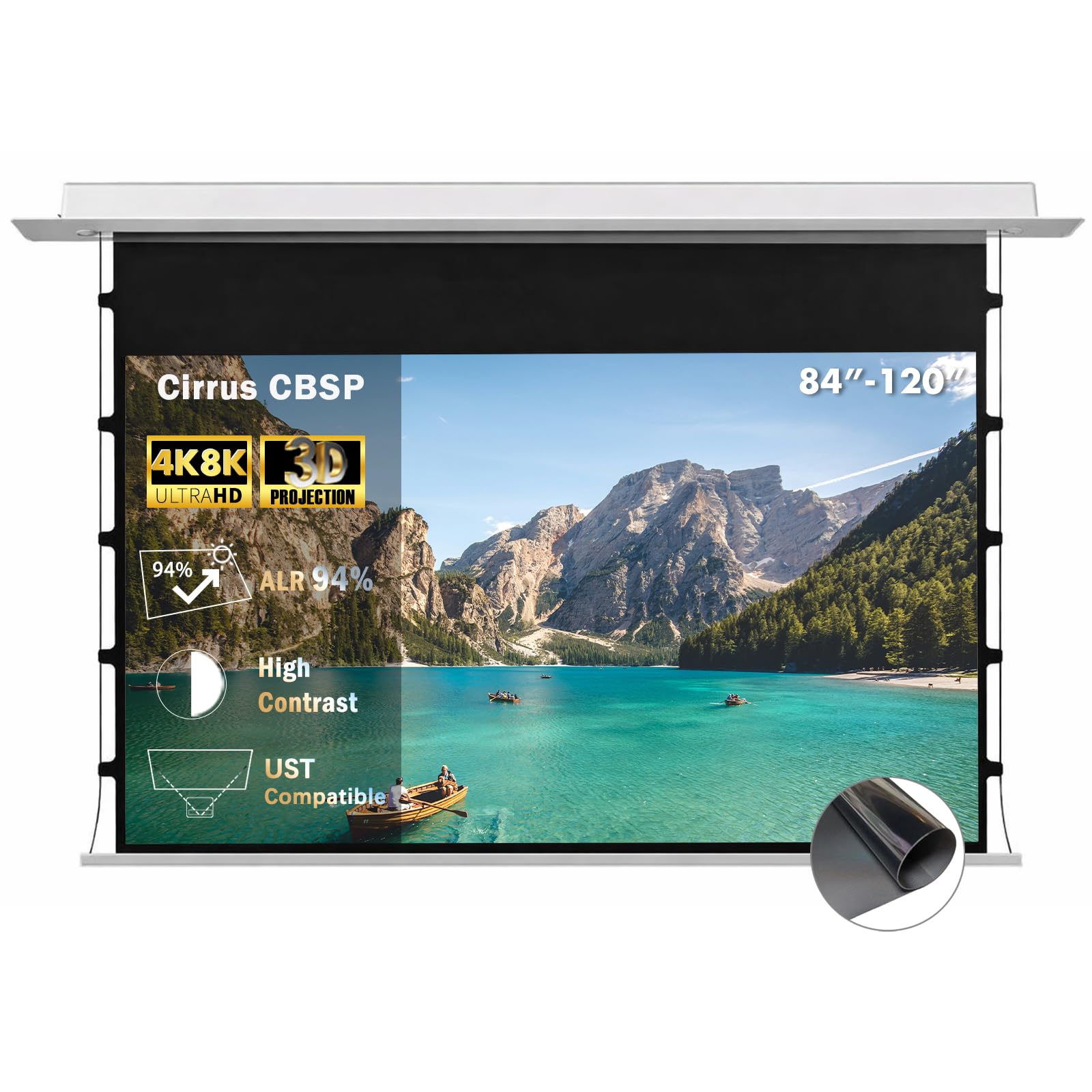 Cirrus CBSP Schermo di Proiezione 100 Pollici, Motorizzato da Incasso a Soffitto, ALR 4K/8K UHD, Compatibile con Proiettori UST, per Ambienti Luminosi C